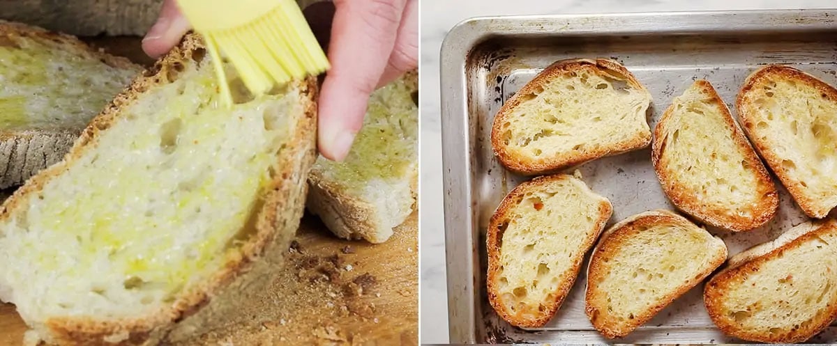 Collage of preparing the bruschetta bread.