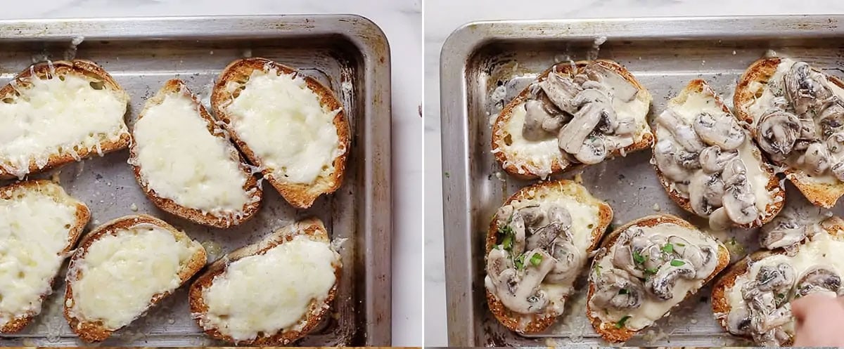 A collage with bruschetta topped first with mozzarella only then with creamy mushrooms.