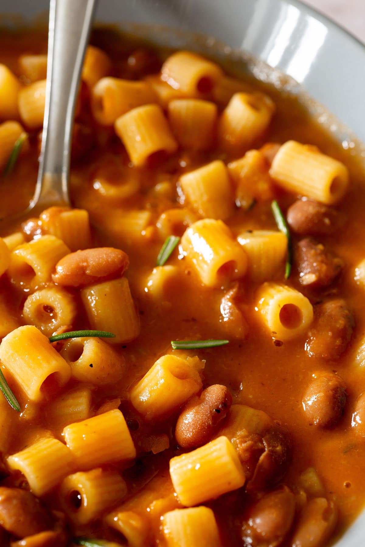 Close-up of the creamy pasta e fagioli.
