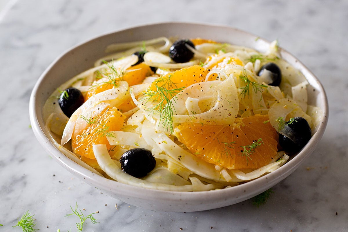Italian fennel and orange salad in a bowl. Horizontal shoot.