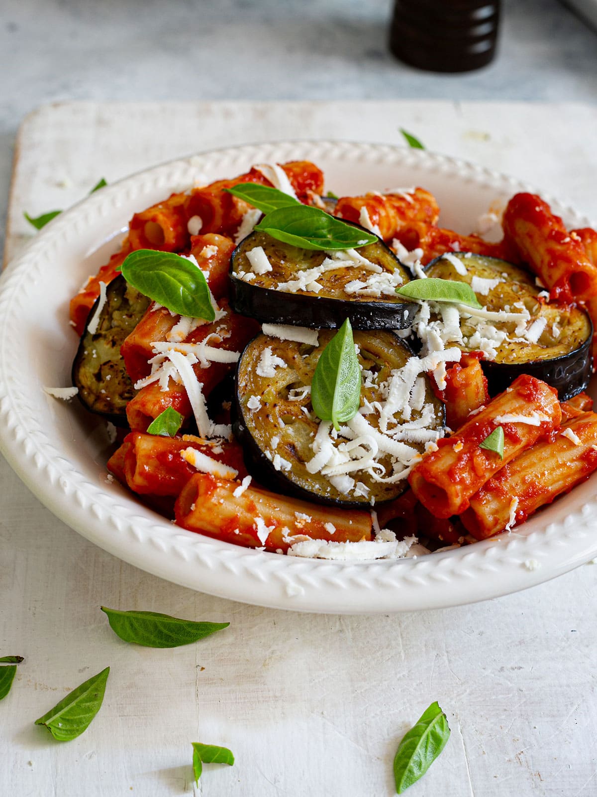 Italian pasta alla norma with rigatoni.