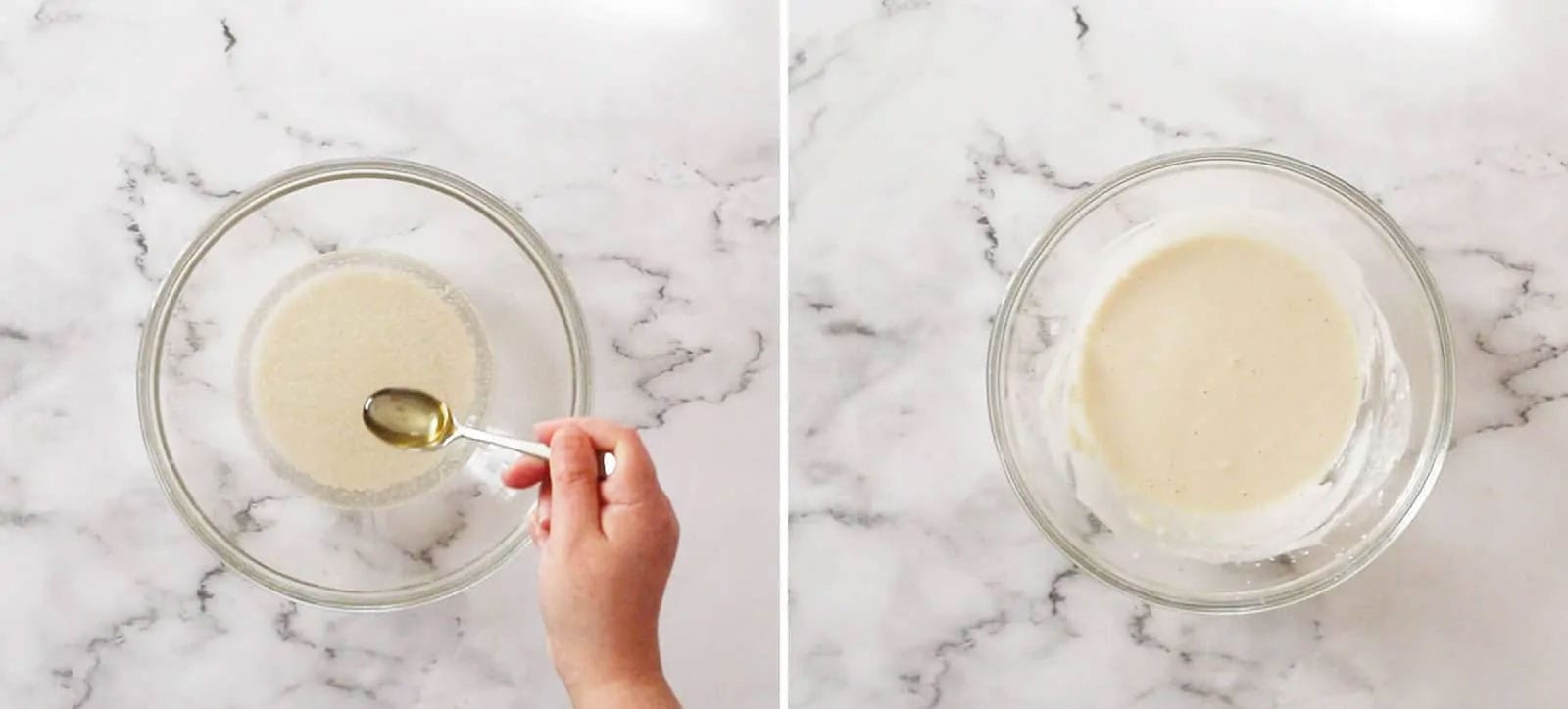 Mixing flour, water and yeas in a bowl. Collage.