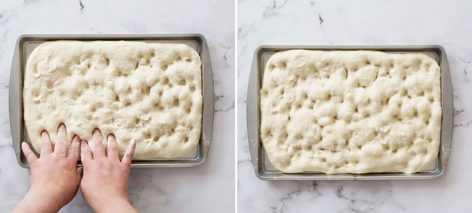 Making the dimples with fingers on the focaccia dough.