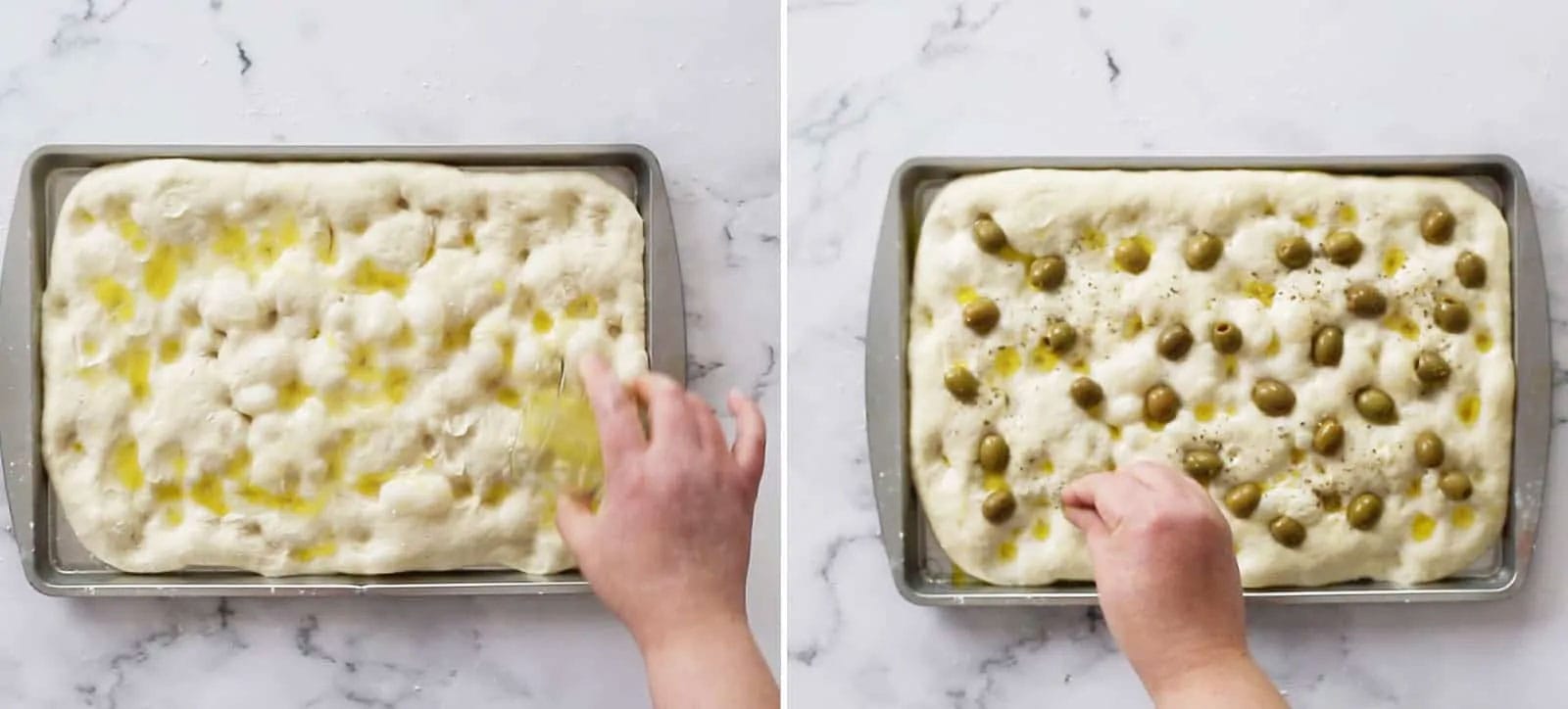 Adding brine and olives on top of focaccia.