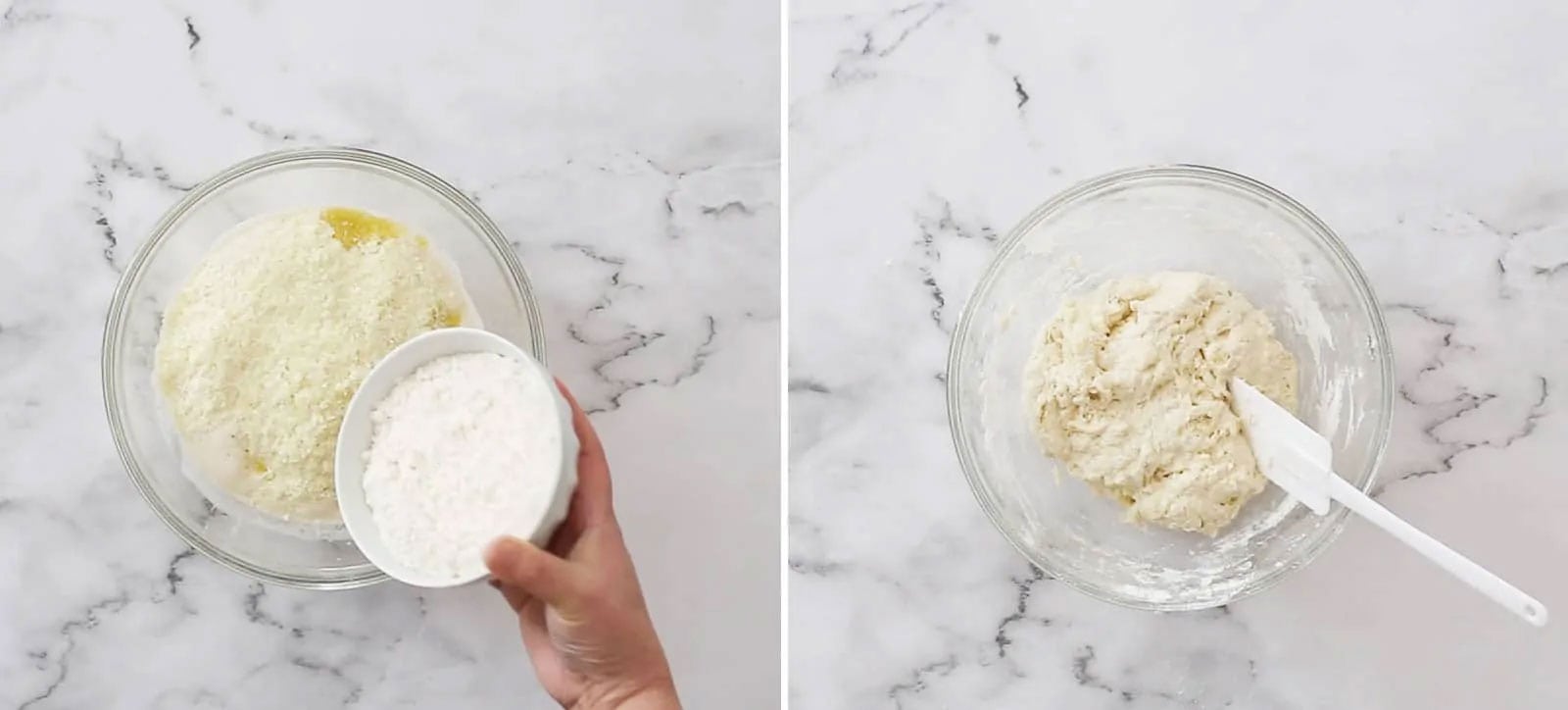 Adding and mixing potato flakes and flour in the bowl with the starter.