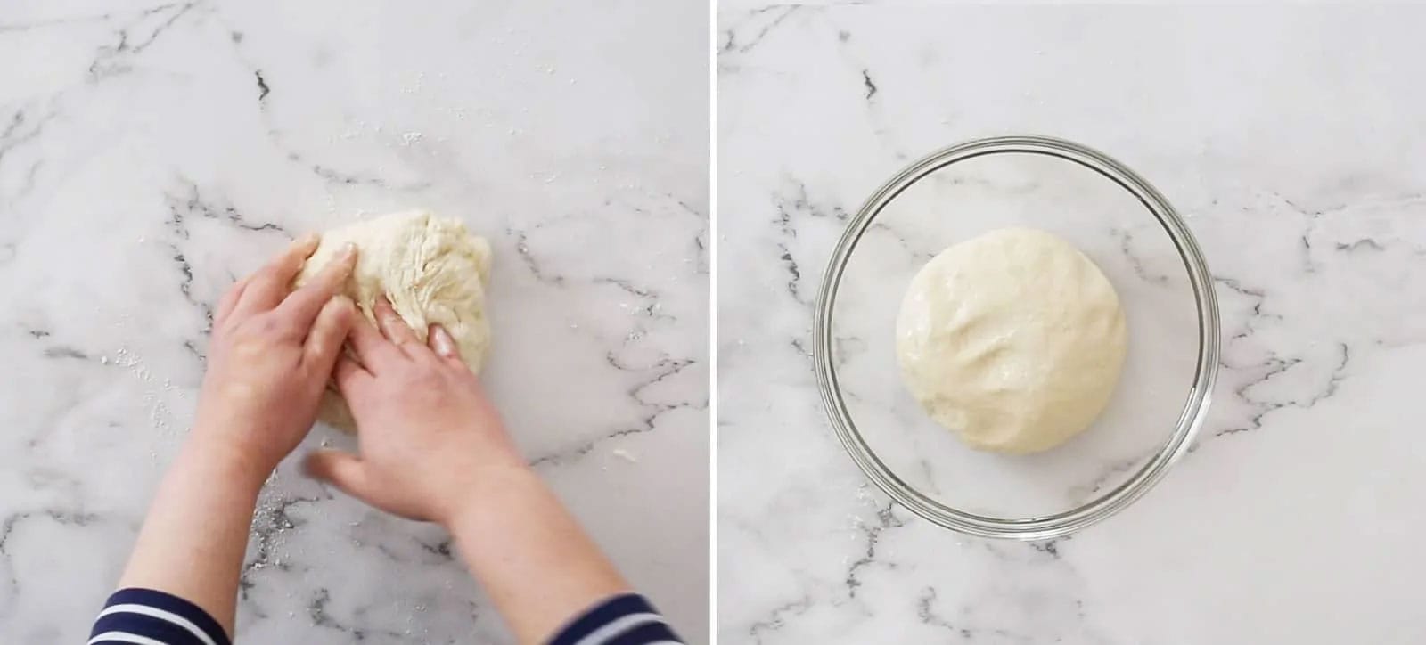 Kneading the dough and the dough placed in a bowl (collage).