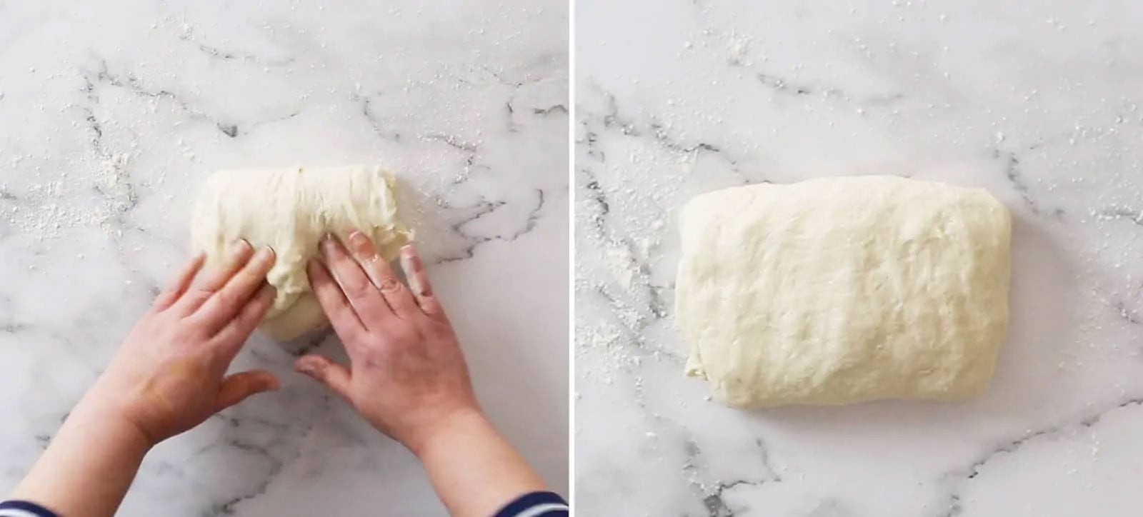 Kneading the proofed dough on a kitchen surface.