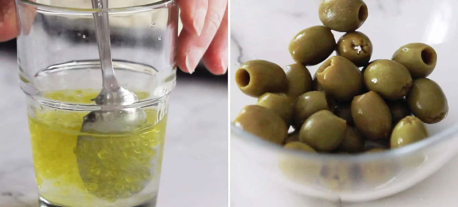 Making the brine in a glass and a bowl with olives (collage).
