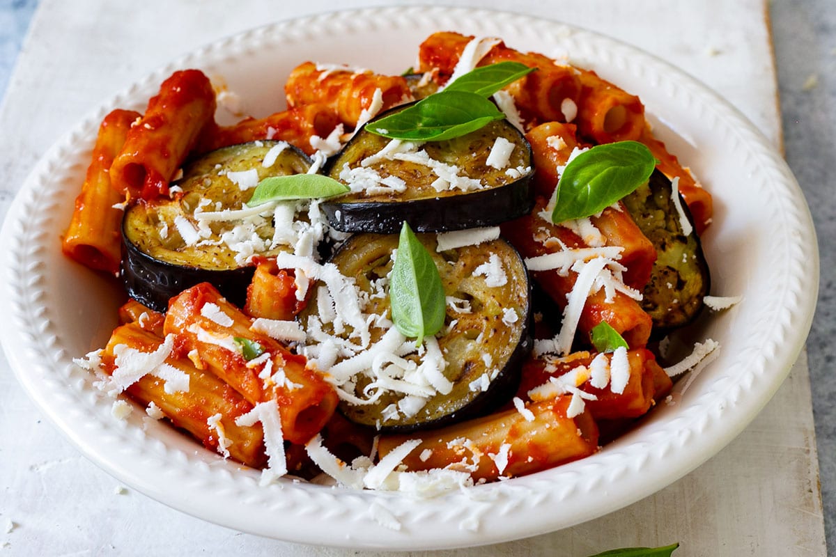 Pasta alla Norma with ricotta salata.