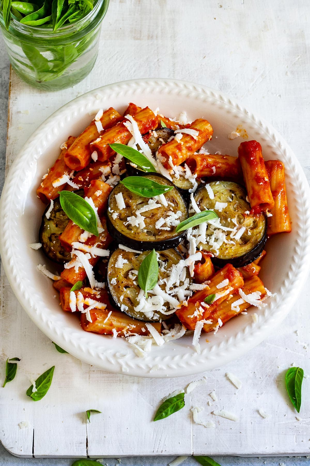 Pasta alla norma in a plate.