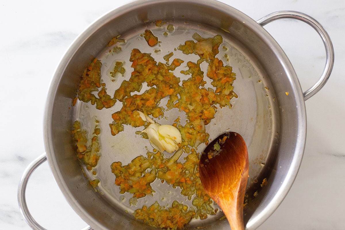 Sautéing soffritto and garlic in a pot.