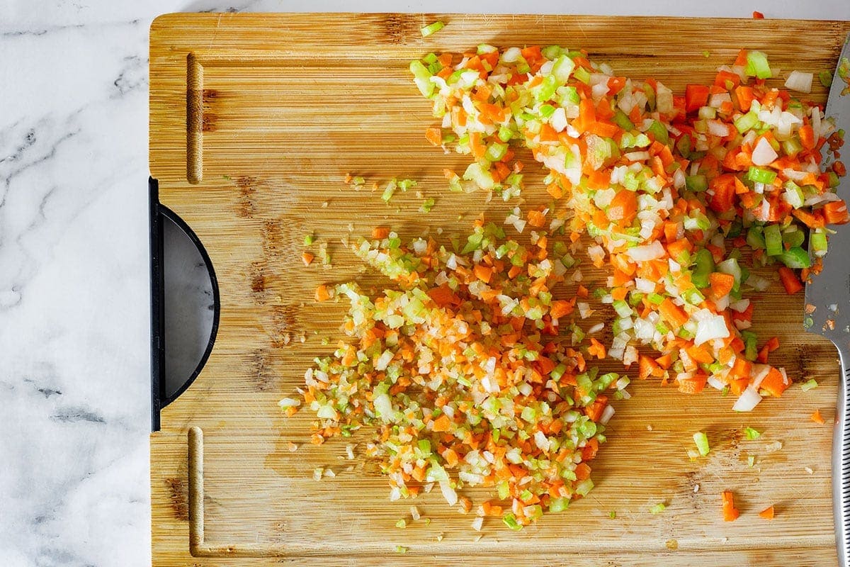 Chopped vegetables on a cutting board.