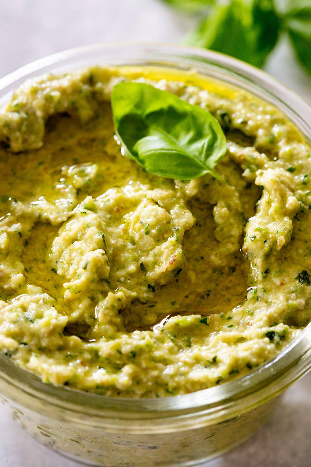 Close-up of pesto di zucchine.