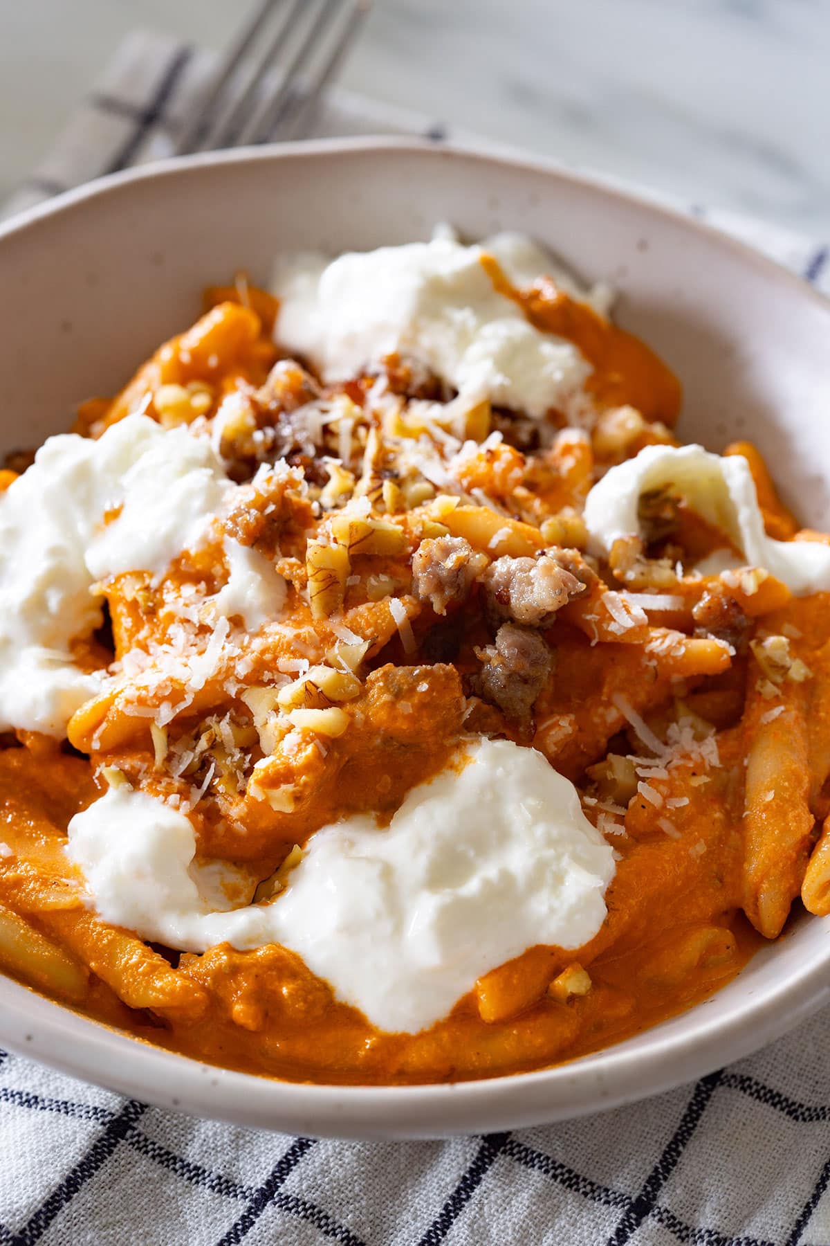 Close-up of stracciatella pasta.