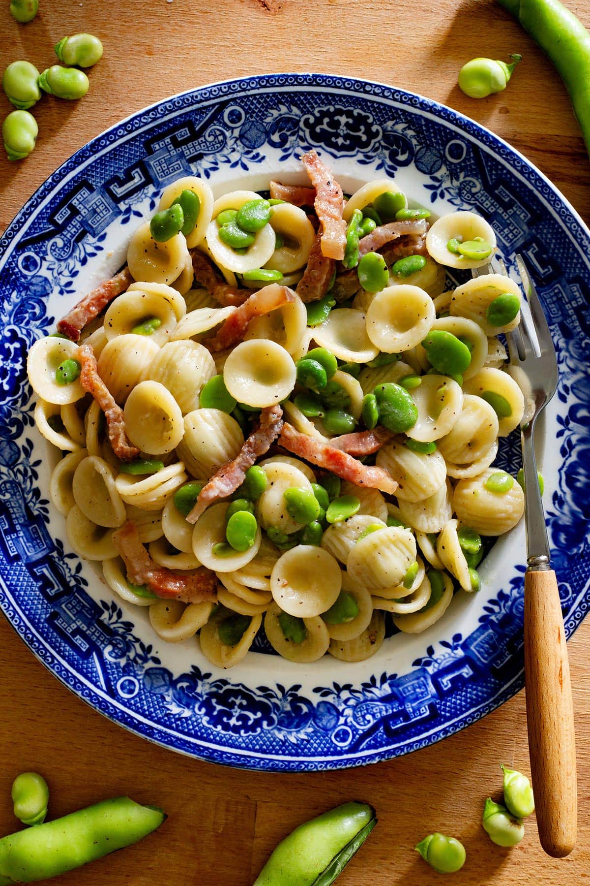 Pasta fave with guanciale and pecorino in a plate with some fava beans scattered around.