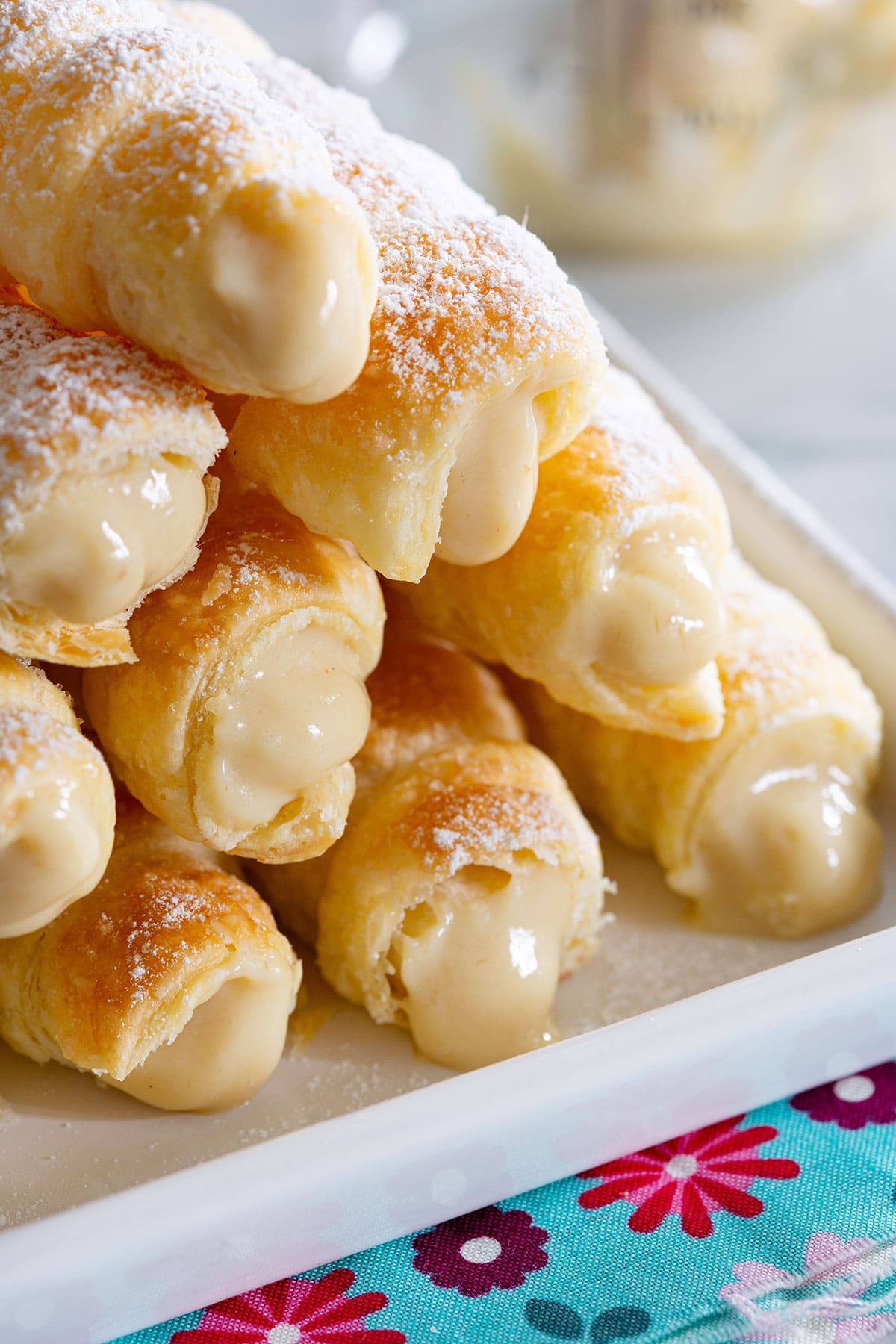Close-up of Italian cream stuffed cannoncini.