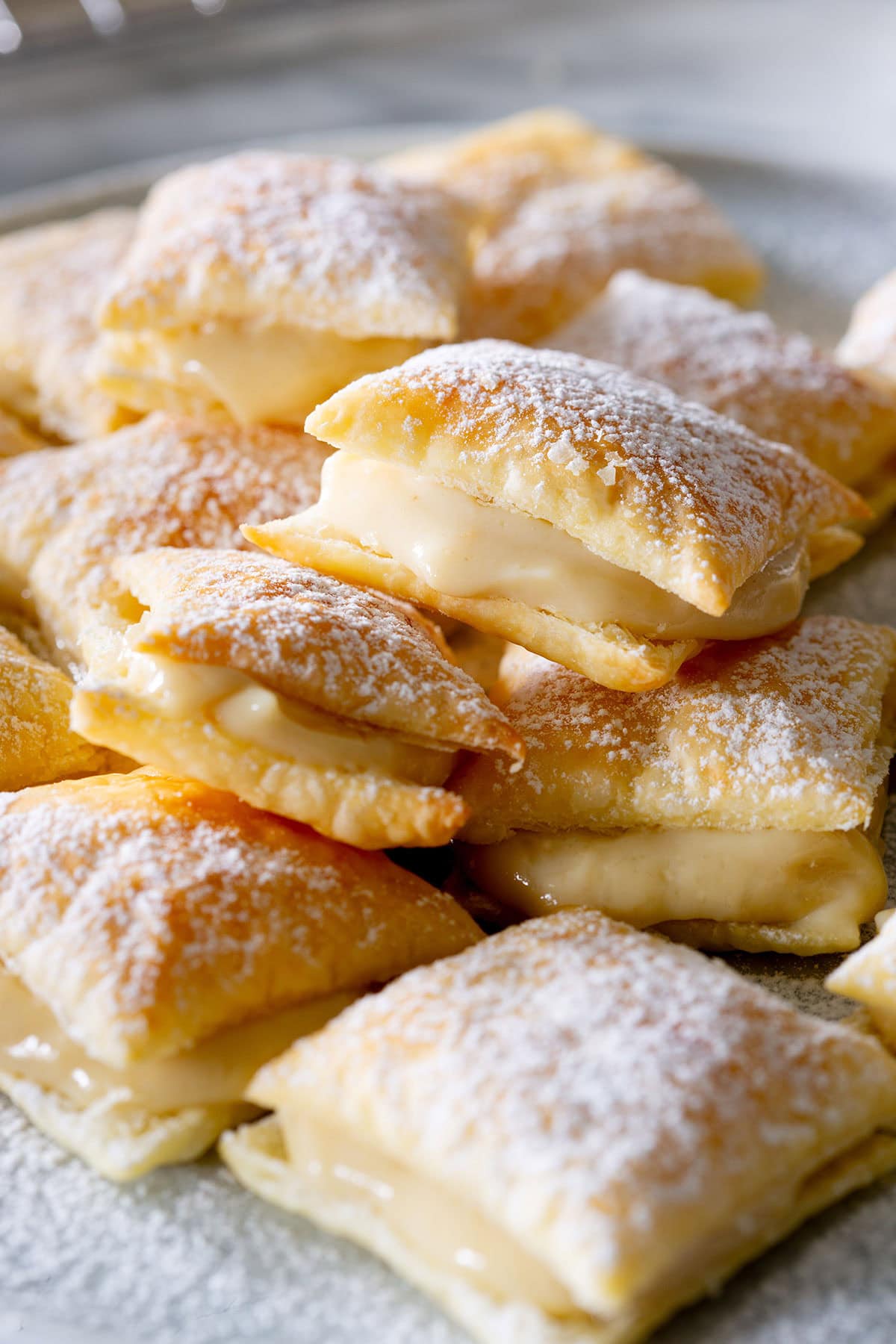Close-up of sporcamuss dessert pastries.