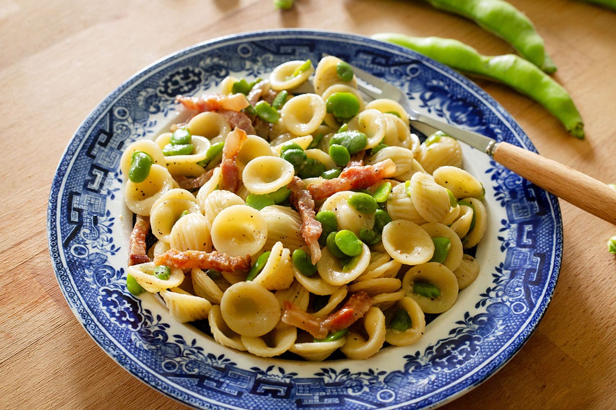 Orecchiette pasta with fave and guanciale.