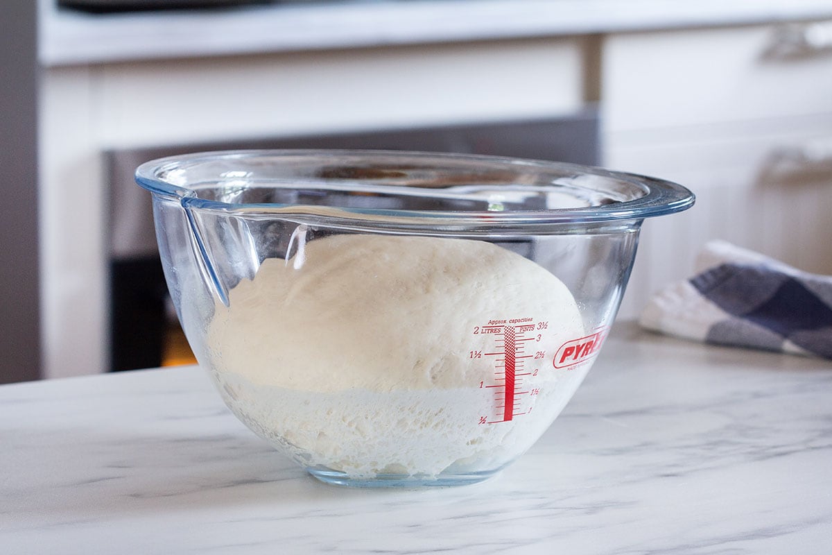 The dough proofed in a bowl.