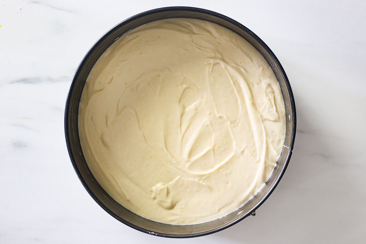The batter in a cake pan.