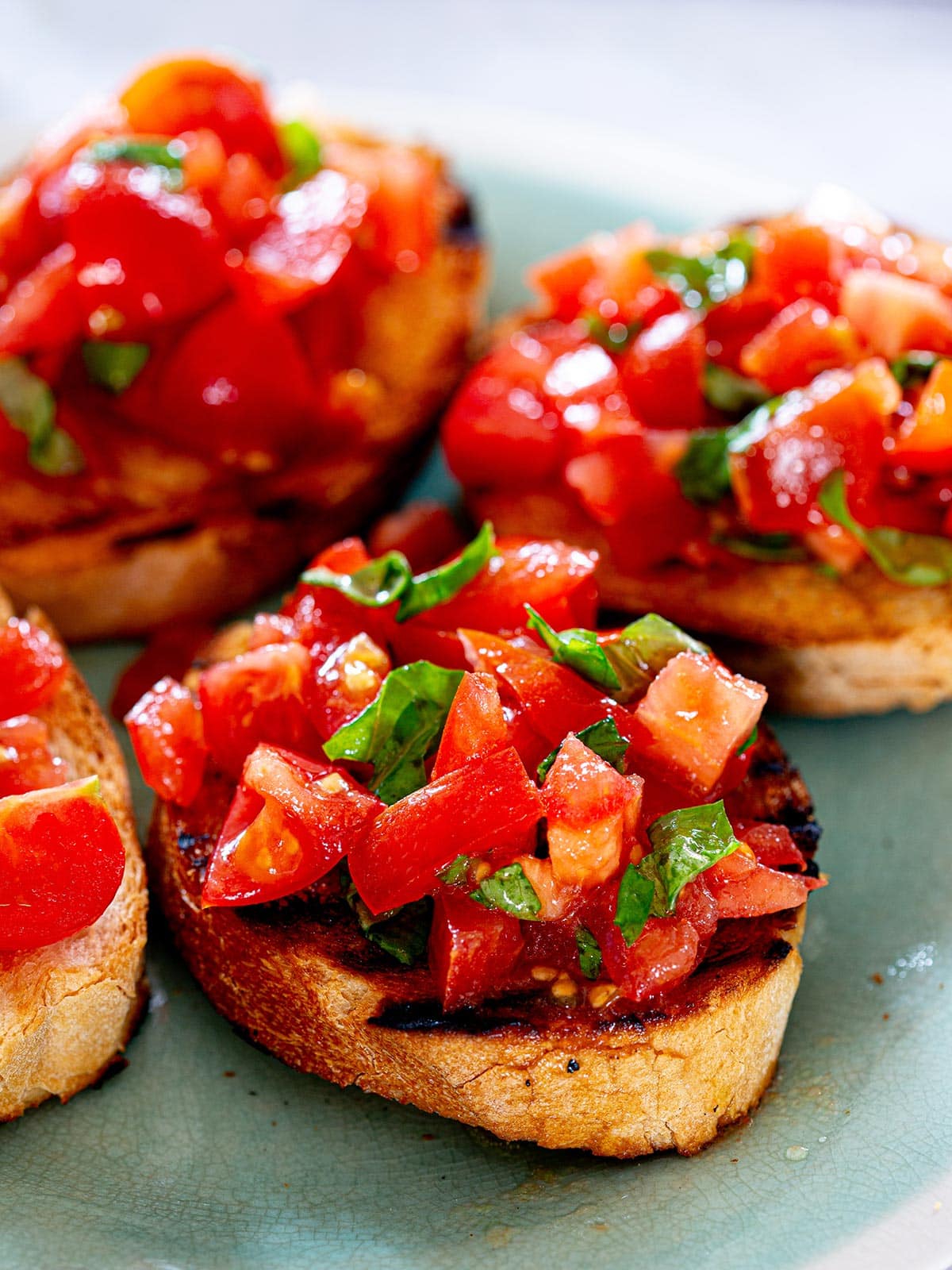 Close-up of bruschetta al pomodoro.
