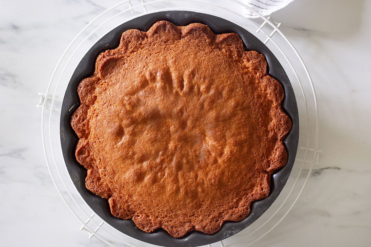 The cake fully baked and still in the pan.