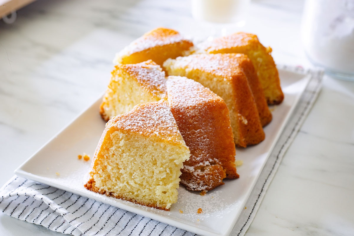 The 7 vasetti cake sliced and placed on a platter.