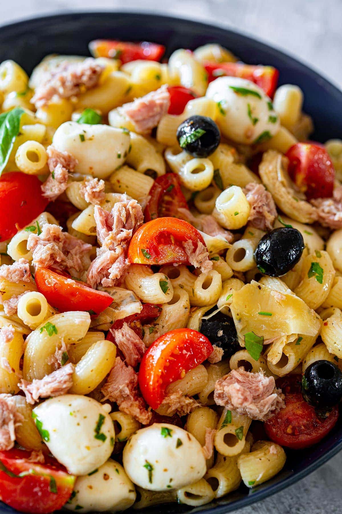 Close-up of pasta fredda con tonno.
