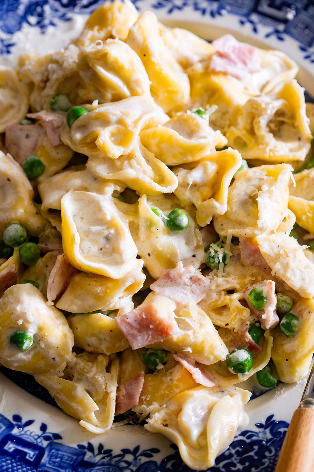 Close-up of the tortellini with panna sauce.