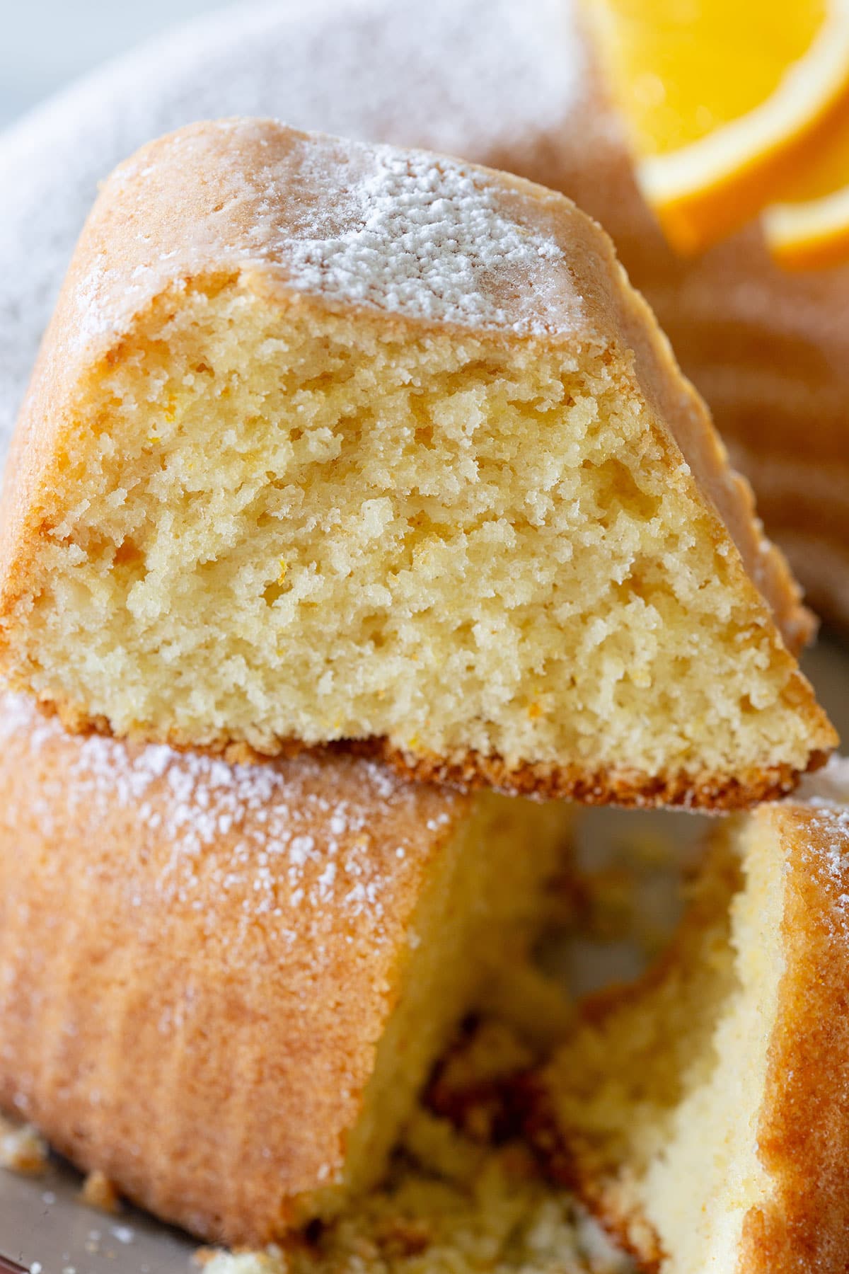 Close-up of a ciambella all'arancia slice.