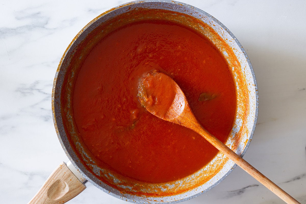 The tomato sauce ready on a pan.