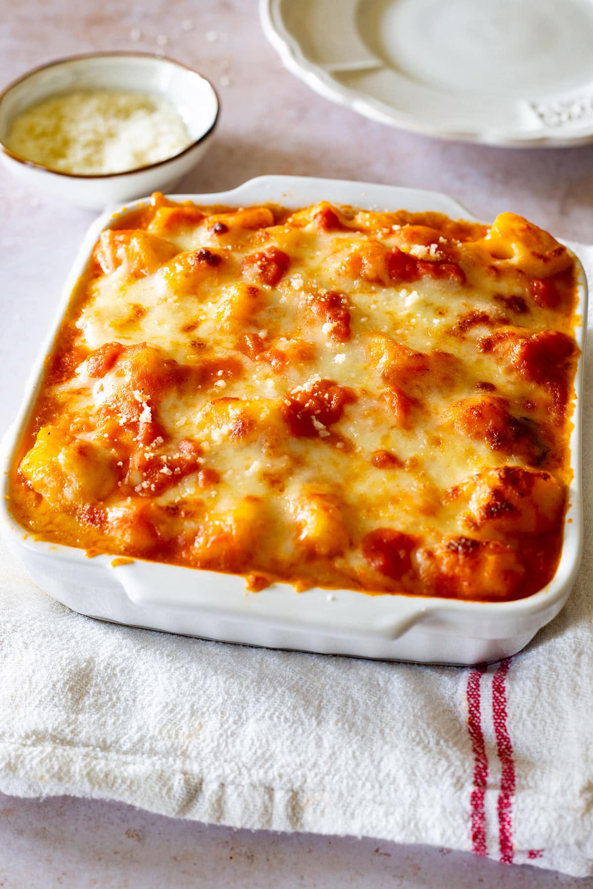 Gnocchi gratinati in a baking dish.